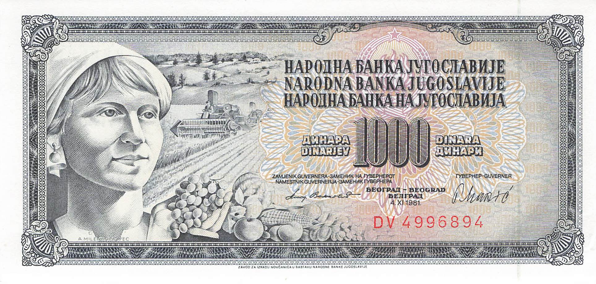 Jugoslawische Banknoten mit historischen Persönlichkeiten, klassischen Motiven und typischen Designs verschiedener Epochen.